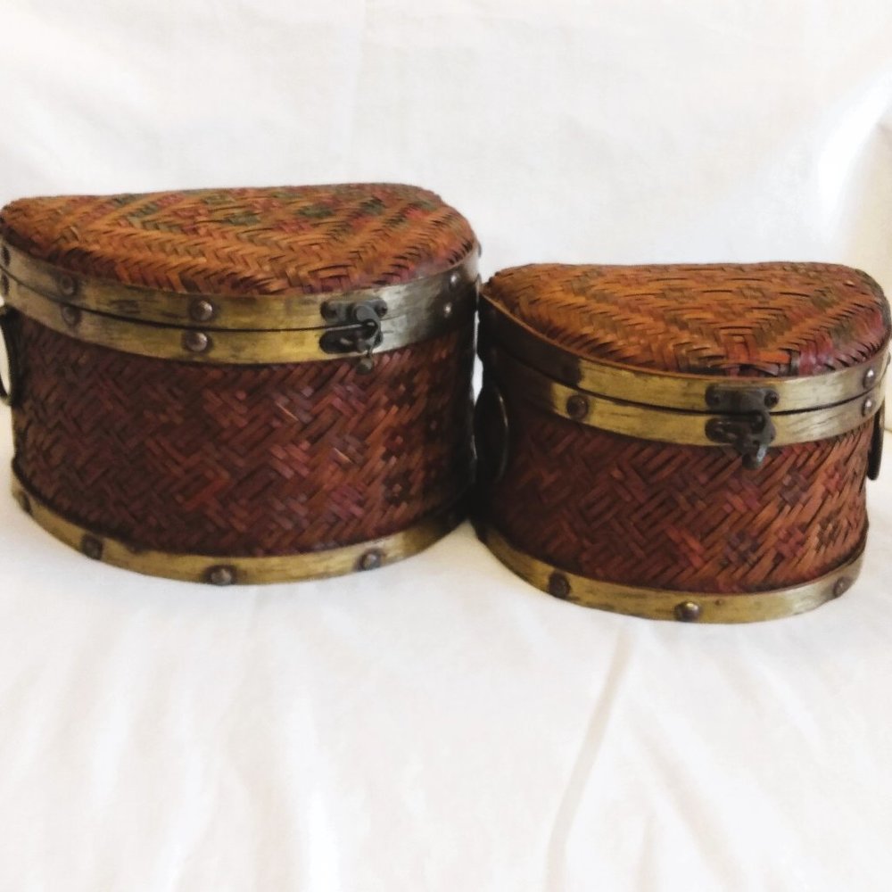 2 Bombay Company Nesting Half Moon Wicker Chests-Brushed Brass Trim